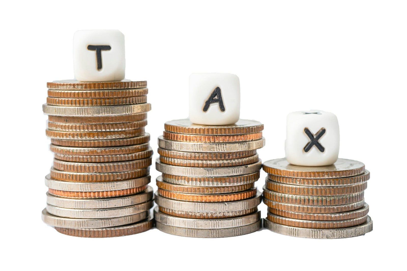 TAX alphabet on stack of coins money more from salary payment income for office employee worker.